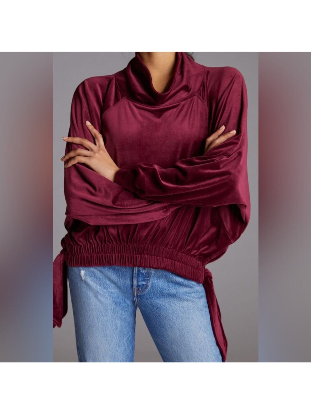 Daily Practice by Anthropologie Side-Tie Velvet Pullover Baked Plum size large